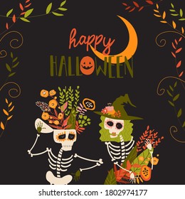 Cartoon skeletons with flowers. Happy crazy Halloween