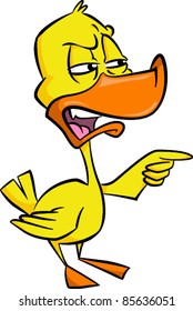 A cartoon skeptical duck questions something or some one? Single layer outlines over colour shapes.