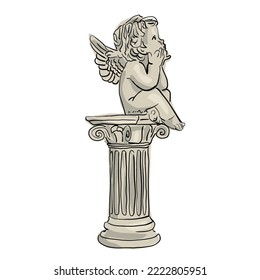 cartoon sketch. angel statue white cupid with wings on capital
on a white background