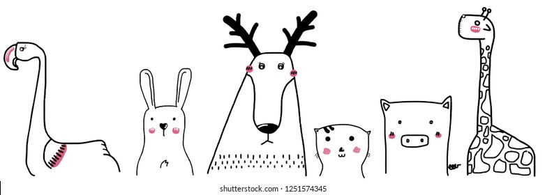 cartoon sketch animals cute.Vector illustration