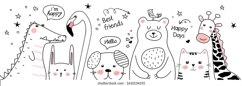 Cartoon sketch animals illustration. Doodle. The best friends are bear, crocodile, cat, dog, flamingo, rabbit, giraffe for t-shirt print, textile, patch, kid product,pillow, gift. The black. Vector. 