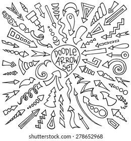 Cartoon sketch arrow set. Hand Drawn Doodle Arrows collection. Decorative vector illustration isolated on white. All arrows organized in groups for easy editing.