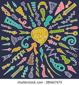 Cartoon sketch arrow set. Hand Drawn Doodle Arrows collection. Decorative vector illustration isolated on dark. All arrows organized in groups for easy editing.