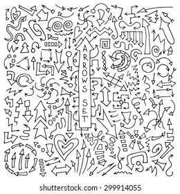 Cartoon sketch arrow set. Hand Drawn Doodle Arrows collection. Decorative vector illustration isolated on white background. All arrows organized in groups for easy editing.