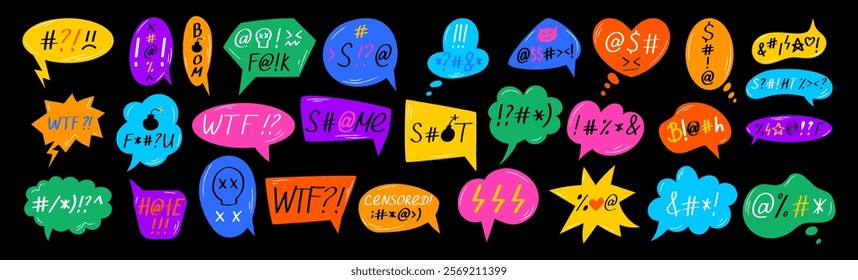 Cartoon sketch bubble. Background box, profanity speech, swearword dialogue. Icon cloud, aggressive emotion, insult balloon. Colorful different forms, pencil dialog text. Vector grunge garish sign