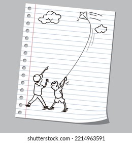 Cartoon sketch of children playing kite, vector illustration on book paper