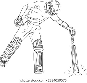 Cartoon Sketch of Cricket Batsman Fixing Damaged Pitch, Cricket Pitch Restoration, Illustration of Cricket Player Repairing Pitch with Bat, Fixing the Playing Surface