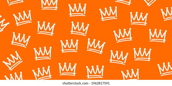 Cartoon sketch crown. Graffiti crown icon, Queen or king crowns. Orange background. Traditional festival on april. Holland, King's Day or Queen's Day. Dutch party sign. brush line. Oranje cap logo