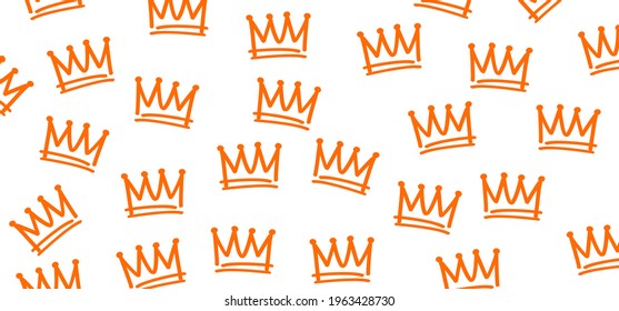 Cartoon sketch crown. Graffiti crown icon, Queen or king crowns. Orange background. Traditional festival on april. Holland, King's Day or Queen's Day. Vector dutch party sign. brush line. Oranje cap.