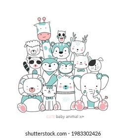 Cartoon sketch the cute animals with friends. Hand drawn style.