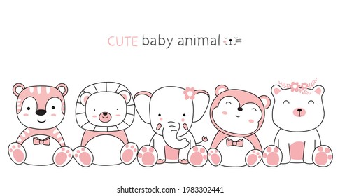 Cartoon sketch the cute animals with friends. Hand drawn style.