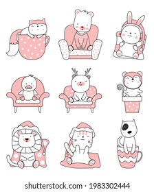 Cartoon sketch the cute animals. Hand drawn style.