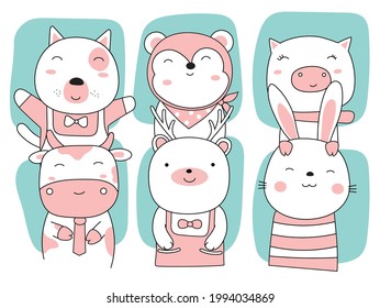 Cartoon sketch the cute animals. Hand drawn style.