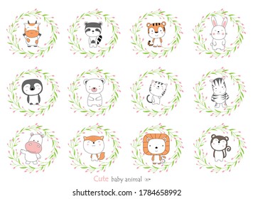 Cartoon sketch the cute baby animal with flower border. Hand-drawn style.