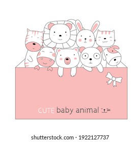 Cartoon sketch the cute baby animal with a pink envelope. Hand-drawn style.