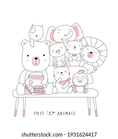 Cartoon sketch the cute baby animal on a chair. Hand-drawn style.