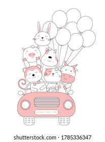 Cartoon sketch the cute baby animals with the car. Hand-drawn style.