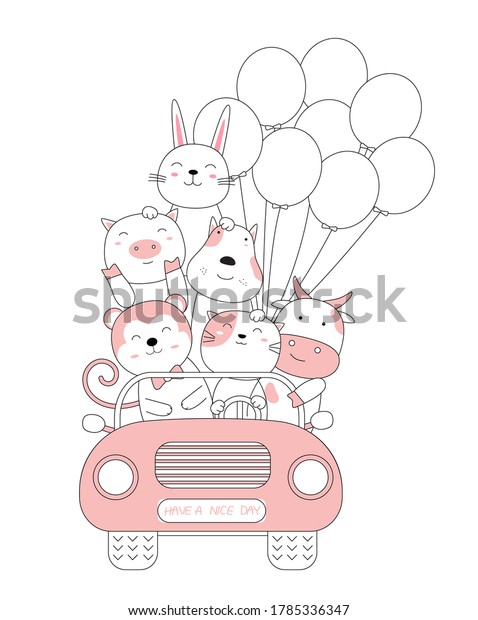 Cartoon sketch the cute baby animals with the car.\
Hand-drawn style.