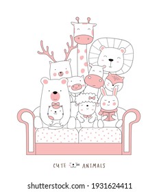 Cartoon sketch the cute cat baby animal on the sofa. Hand-drawn style.