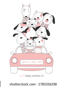 Cartoon sketch the dog cute baby animals with the pink car. Hand-drawn style.