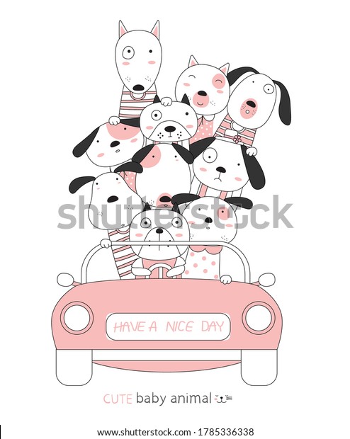 Cartoon sketch the dog cute baby animals with the\
pink car. Hand-drawn\
style.