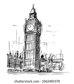 Cartoon sketch drawing illustration of Westminster Palace, Big Ben Elizabeth clock tower in London, England, United Kingdom.