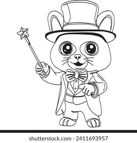 Cartoon sketch drawing of a magician cat holding a magic wand, Magician cat cartoon, Whimsical cat drawing