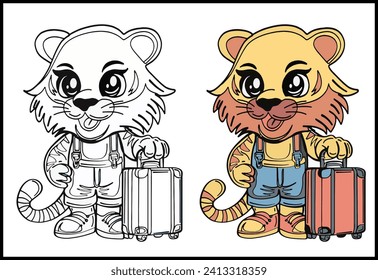 Cartoon sketch drawing of a tiger traveler holding a suitcase, Tiger traveler suitcase illustration, Traveling tiger vector graphic, Travel agency ad tiger character