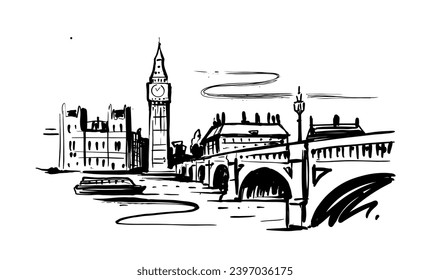 Cartoon sketch drawing of Westminster Palace, Big Ben tower London, England