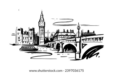 Cartoon sketch drawing of Westminster Palace, Big Ben tower London, England