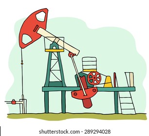 Cartoon Sketch Field  Pump Jack. Colored Oil Well Illustration. 
Hand Drawn Vector With Oil Equipment Isolated On White.