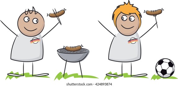 Cartoon sketch of football fans from a football cup enjoying a barbecue waving grilled sausages with a soccer ball alongside