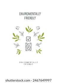 Cartoon sketch of green leaves and checklist sign with  checkmark. Illustration of Environmentally friendly planet. Sign of green energy.