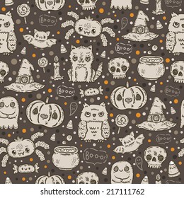 Cartoon sketch Happy halloween holiday pattern with owl, cat, bat, pumpkin, candle, cauldron, witch hat, lollipop, candy, corn, spider.