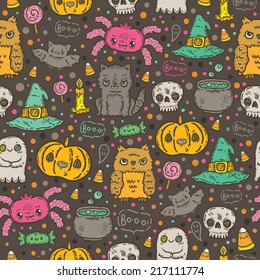 Cartoon sketch Happy halloween holiday pattern with owl, cat, bat, pumpkin, candle, cauldron, witch hat, lollipop, candy, corn, spider.