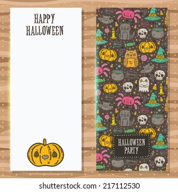 Cartoon sketch Happy halloween party invitation with holiday pattern. Card template. Banner background. 