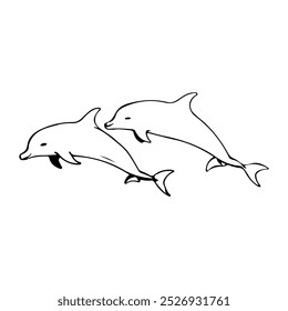 Dibujo de dibujos animados de la línea del bosquejo de la pareja del delfín. Silueta negra del animal marino. Animales de mar de la vida silvestre Pareja Vector Línea Dibujo de arte. 