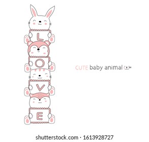 Cartoon sketch the lovely baby animals and card. Valentines day with Hand drawn style.