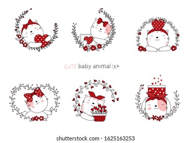 Cartoon sketch the lovely cat baby animals with flower. Valentines day with Hand drawn style.