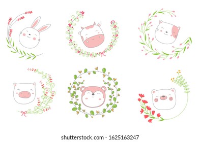 Cartoon sketch the lovely face baby animals with Flower. Valentines day with Hand drawn style.