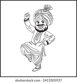 Cartoon sketch of Sardar dancing, Punjabi culture graphic art, Vector illustration of Sardar dance, Cute Punjabi character drawing
