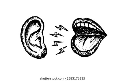 Cartoon sketch of a screaming mouth and a listening ear abstract art poster illustration.