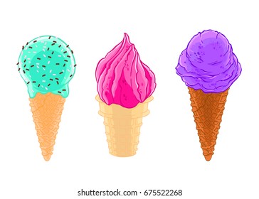 Cartoon sketch set of three ice cream cones with glaze, grit and waffle isolated on the white background. T-shirt print and sticker.