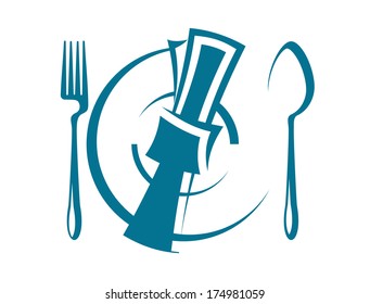 Cartoon Sketch Of A Stylized Dinnertime Table Setting With A Fork And Spoon Logo On Either Side Of A Napkin Lying On Top Of A Plate, Overhead Perspective