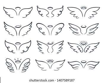 Cartoon sketch wing. Hand drawn angels wings spread, winged icon doodle vector illustration set