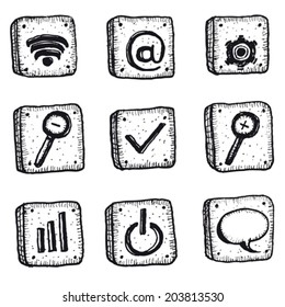 Cartoon Sketched Web Icons Set/ Illustration of a set of doodle hand drawn web, connexion and business icons elements, including email, internet, magnifying glass and options