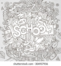 Cartoon sketchy hand-drawn Doodle on the subject of education. Design background with school hand lettering, objects and symbols. Vector illustration.