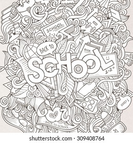 Cartoon sketchy hand-drawn Doodle on the subject of education. Design background with school hand lettering, objects and symbols. Vector illustration.