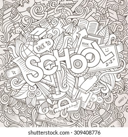 Cartoon sketchy hand-drawn Doodle on the subject of education. Design background with school hand lettering, objects and symbols. Vector illustration.