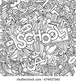 Cartoon sketchy hand-drawn Doodle on the subject of education. Design background with school hand lettering, objects and symbols. Vector illustration.